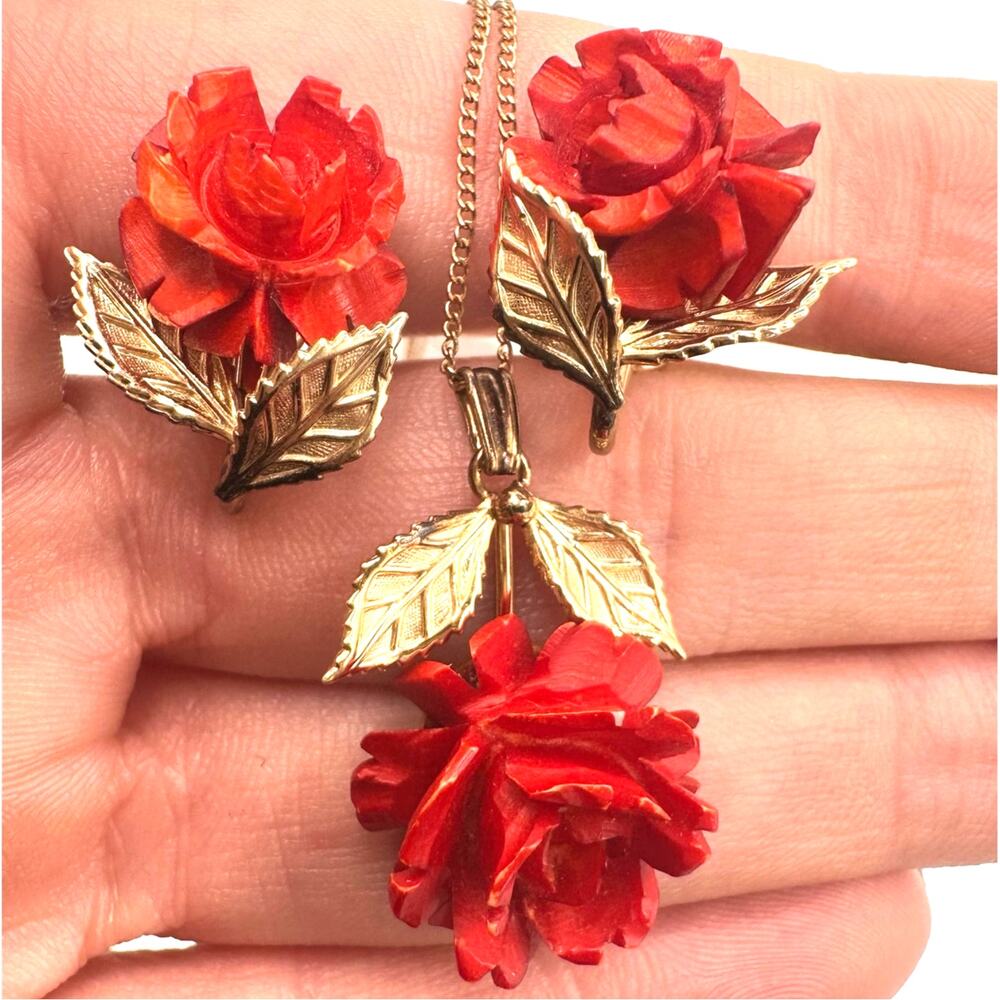 Vintage 12kt gold filled red celluloid roses necklace screw back earrings set